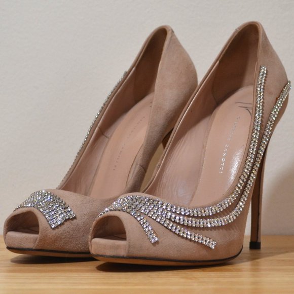 Blush Suede Crystal Peep-toe Pumps by Giuseppe Zanotti SIZE 8 (EU 37.5) - Picture 5 of 11